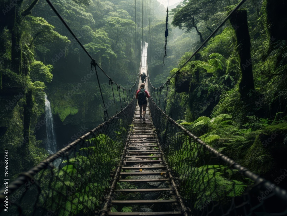 Obraz premium a person walking on a suspension bridge in a lush green jungle