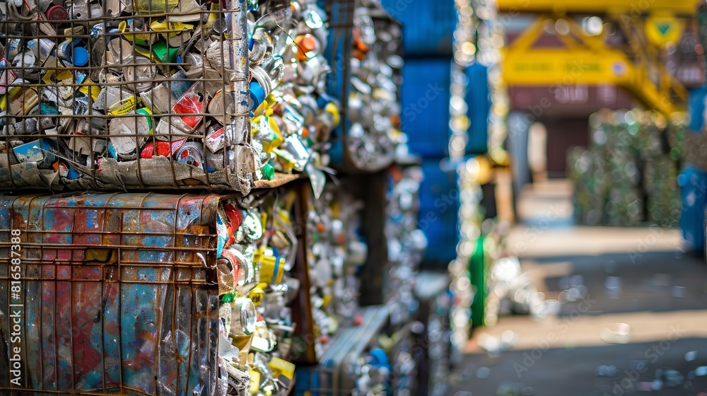 Naklejka premium Sorted garbage packed in large bales at the sorting warehouse of the waste processing plant. Ecological contribution to nature. The problem of ecology, waste recycling, waste disposal, reusable use.