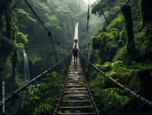a person walking on a suspension bridge in a lush green jungle
