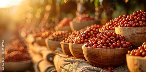 Sunlit Coffee Plantation with Wooden Bowls Filled with Red Coffee Beans. Concept Coffee Plantation, Sunlight, Wooden Bowls, Red Coffee Beans, Rustic Decor