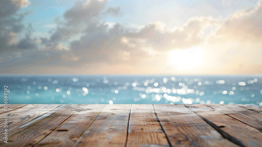 Fototapeta premium Wooden table top with blurred bokeh of sea and sky background for product display presentation concept, summer vacation banner template design