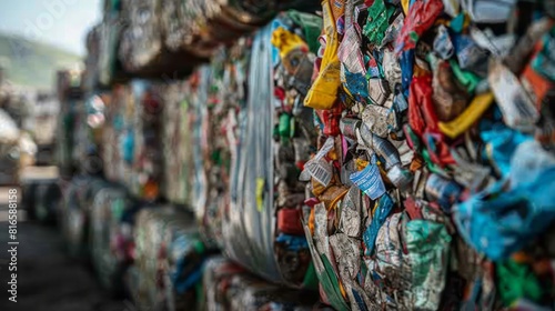 Sorted garbage packed in large bales at the sorting warehouse of the waste processing plant. Ecological contribution to nature.  The problem of ecology, waste recycling, waste disposal, reusable use. photo