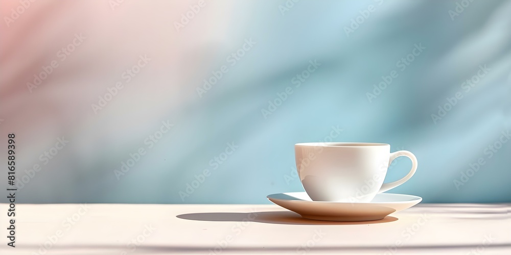 Elegant White Cup and Saucer on Beige Table with Blue Backdrop and Shadow. Concept Table Setting, Fine Dining, Tea Time, Home Decor, Photography Inspiration Elegant White Cup and Saucer on Beige Table with Blue Backdrop and Shadow. Concept Table Setting, Fine Dining, Tea Time, Home Decor, Photography Inspiration