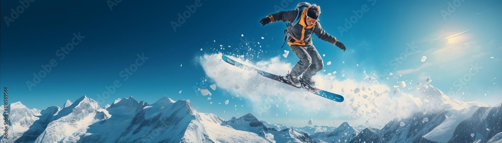 A snowboarder jumps over a snowy mountain peak with the sun shining brightly in the background.