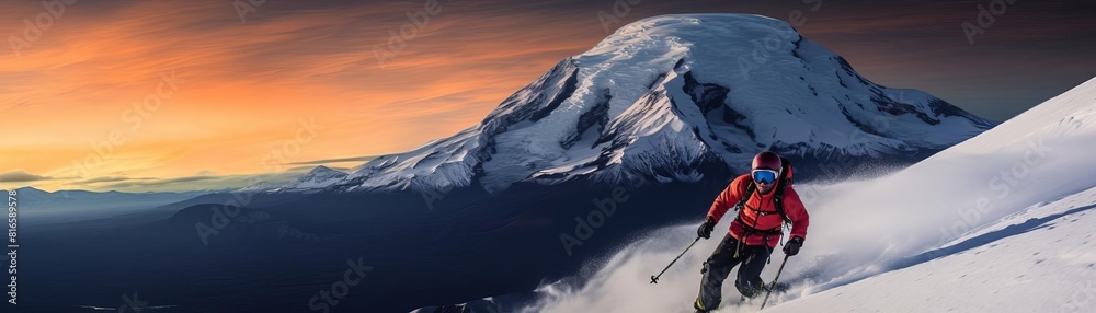 A skier glides down a snow-covered mountain at sunset.