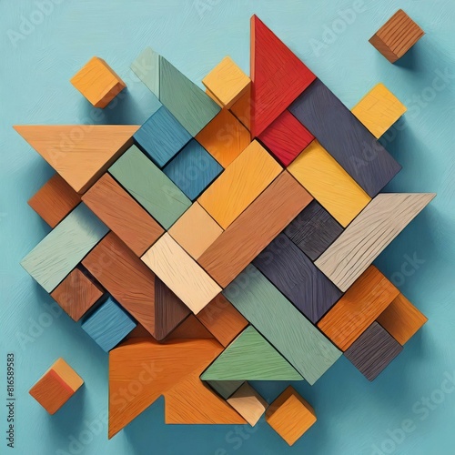 abstract geometric background.colorful geometric wooden puzzle blocks arranged creatively on a light blue background. Capture the playful and imaginative essence of the shapes from a top-down perspect photo