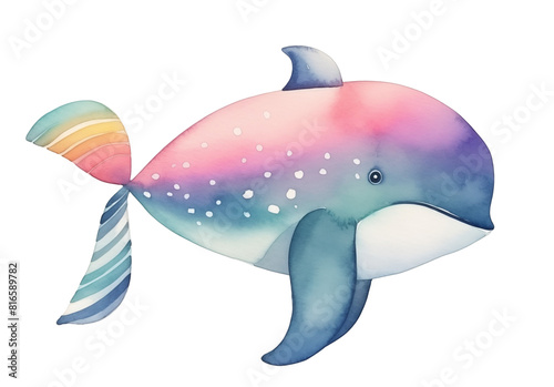 Whale isolated on a white background. Watercolor humpback illustration. Colorful whale character. Cute sea life animal.