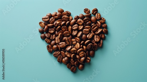Hearth shaped coffee beans on mint color background