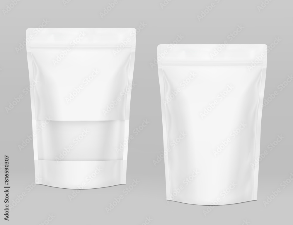Pouch bags with clear window mockups on grey background. With the transparent window and screen mode overlay, it's easy to make a realistic mockup of your product. Vector illustration. EPS10. Pouch bags with clear window mockups on grey background. With the transparent window and screen mode overlay, it's easy to make a realistic mockup of your product. Vector illustration. EPS10.