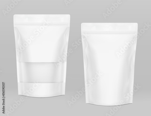Pouch bags with clear window mockups on grey background. With the transparent window and screen mode overlay, it's easy to make a realistic mockup of your product. Vector illustration. EPS10.