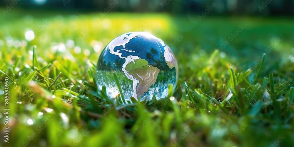 Transparent globe with detailed world map in a natural grass setting. Close up of glass globe sitting in a patch of green grass. Eco-friendly and sustainability energy, environmental design. AIG35.