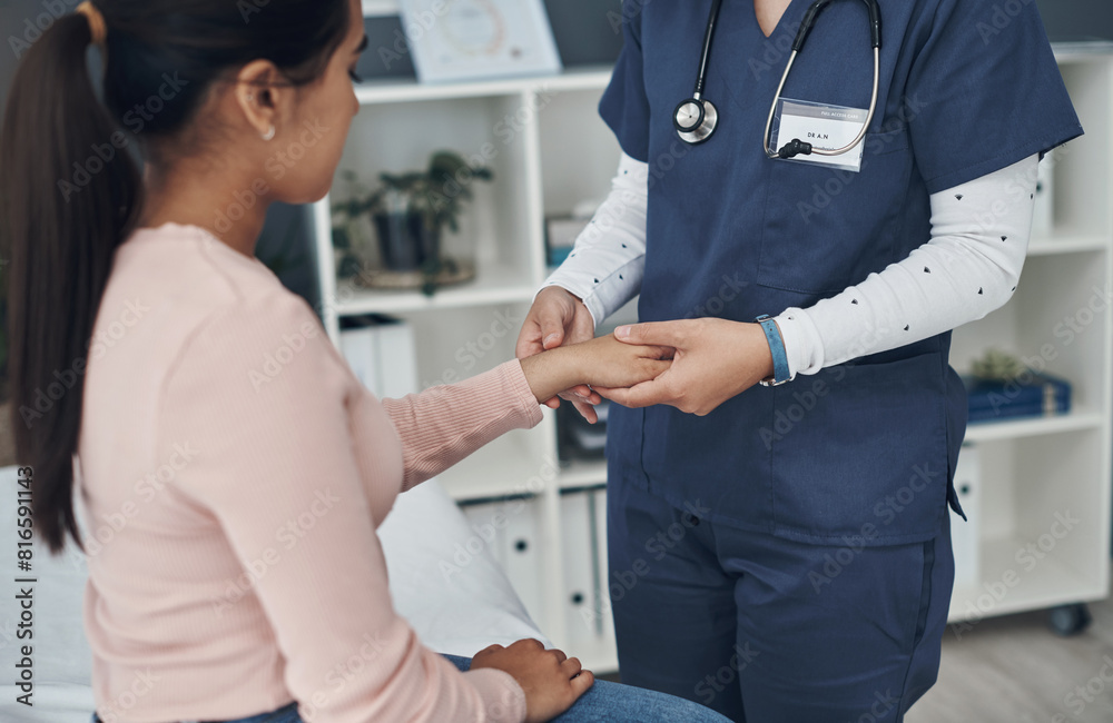 Fototapeta premium Doctor, hands and young patient with checkup for arthritis, wrist pain or injury at hospital. Closeup of medical employee, nurse or cardiologist monitoring arm for beat, pulse or joint ache at clinic