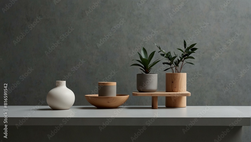 A white vase, wooden bowl, and small potted plants on a light-colored surface against a gray wall. A white vase, wooden bowl, and small potted plants on a light-colored surface against a gray wall.