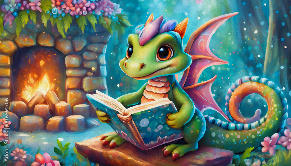 oil painting style cartoon character Cute green dragon reading a book near the fireplace, dragon,