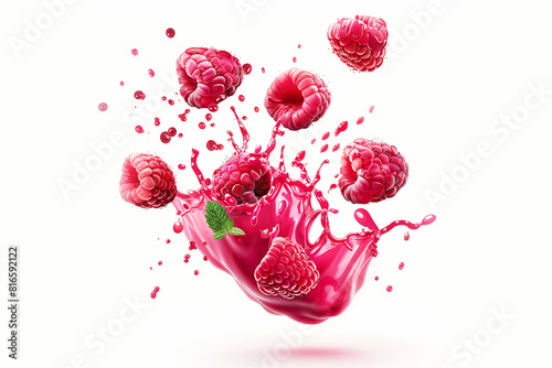 Raspberries flying in splashes on white background. Sweet forest berry.