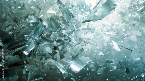 This image shows a close-up of a shattered glass surface. The glass is cracked and broken into many pieces, and the light is reflecting off of the surface.