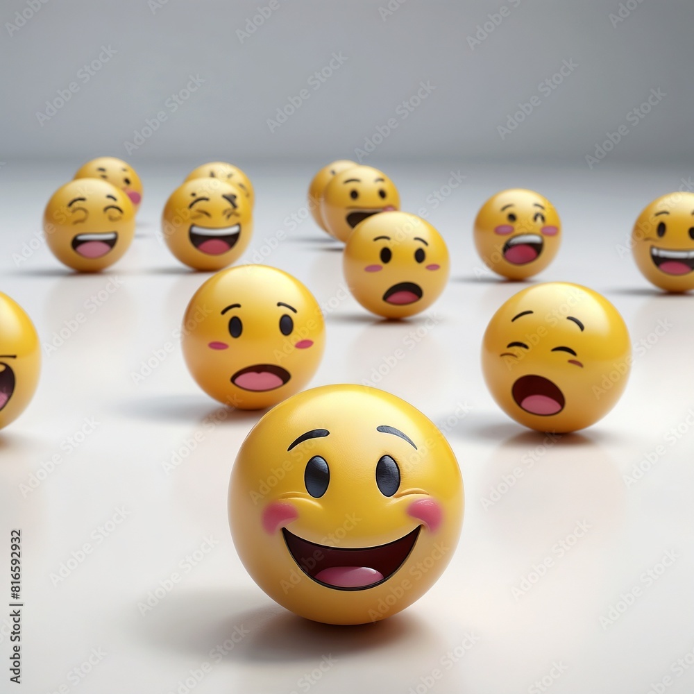 Obraz premium Many yellow balls with smiling faces. Social media and communications concept background