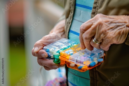 Senior old woman is holding a pill box with a variety of pills in it