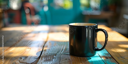 A black coffee mug resting on a wooden table in a warm coffee shop. Concept Coffee Shop Vibes  Warm Atmosphere  Wooden Table Setting  Morning Refreshment  Cozy Cafe