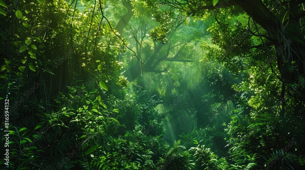 A lush green forest with sunlight shining through the trees