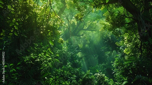 A lush green forest with sunlight shining through the trees © Moon Story