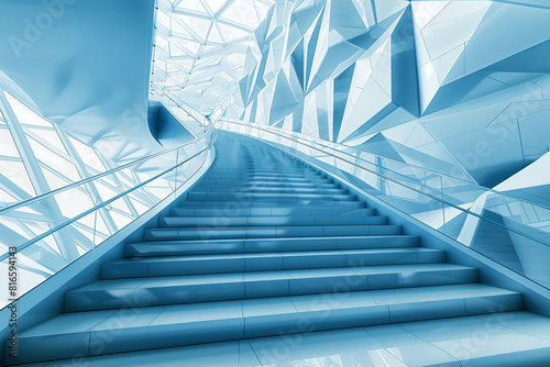 Modern building's icy blue geometric staircase, viewed from above, patterns on walls.
