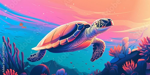 a watercolor painting of a sea turtle swimming in a coral reef photo