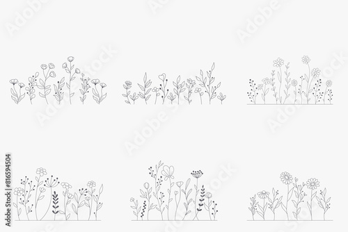 Hand-drawn wild flowers sketch set isolated on white background. Spring herbal design. Black Silhouettes Of Grass, Flowers And Herbs.