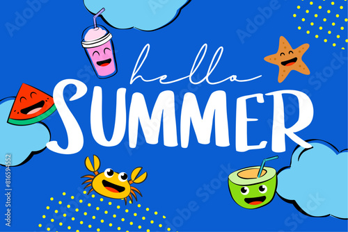 Hello summer camp poster design with fun cartoon characters.