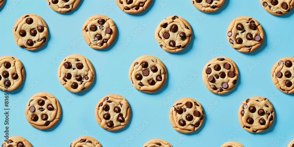 Chocolate Chip Cookies Against Clean Blue Background with Pattern, chocolate chip cookie background for banner and wallpaper advertisement Chocolate Chip Cookies Against Clean Blue Background with Pattern, chocolate chip cookie background for banner and wallpaper advertisement