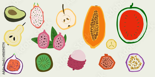 Sweet fruits. Vector cartoon flat set. Passion fruit, lychee, papaya, watermelon, fig, dragon fruit, custard apple set.