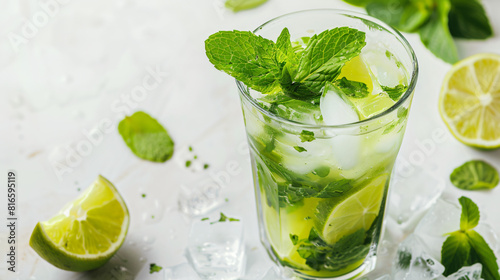 Glass of fresh mojito on white background