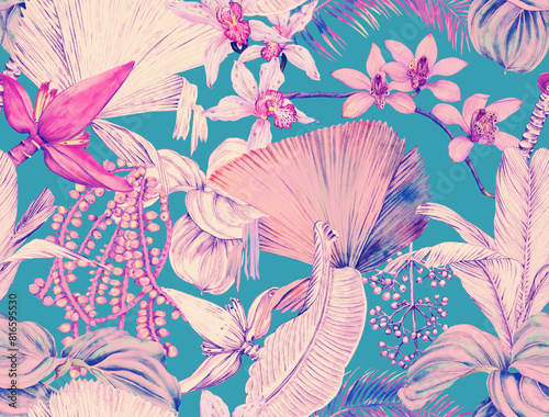 Tropical seamless pattern with palm leaves, banana flower and orchids. Wallpaper drawn in watercolor and pencil.