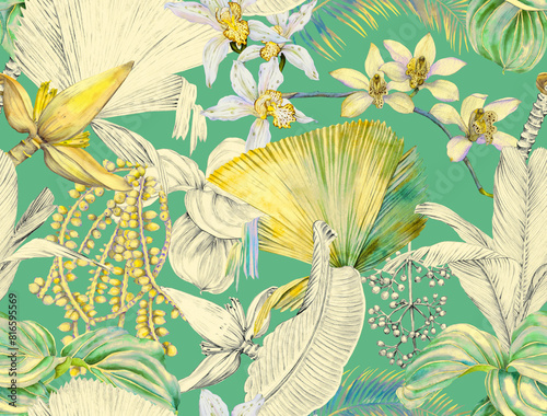 Tropical seamless pattern with palm leaves, banana flower and orchids. Wallpaper drawn in watercolor and pencil.