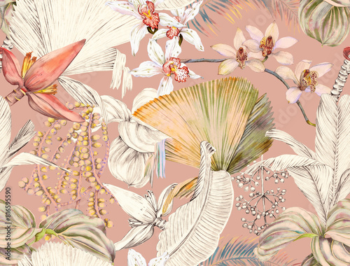 Tropical seamless pattern with palm leaves, banana flower and orchids. Wallpaper drawn in watercolor and pencil.