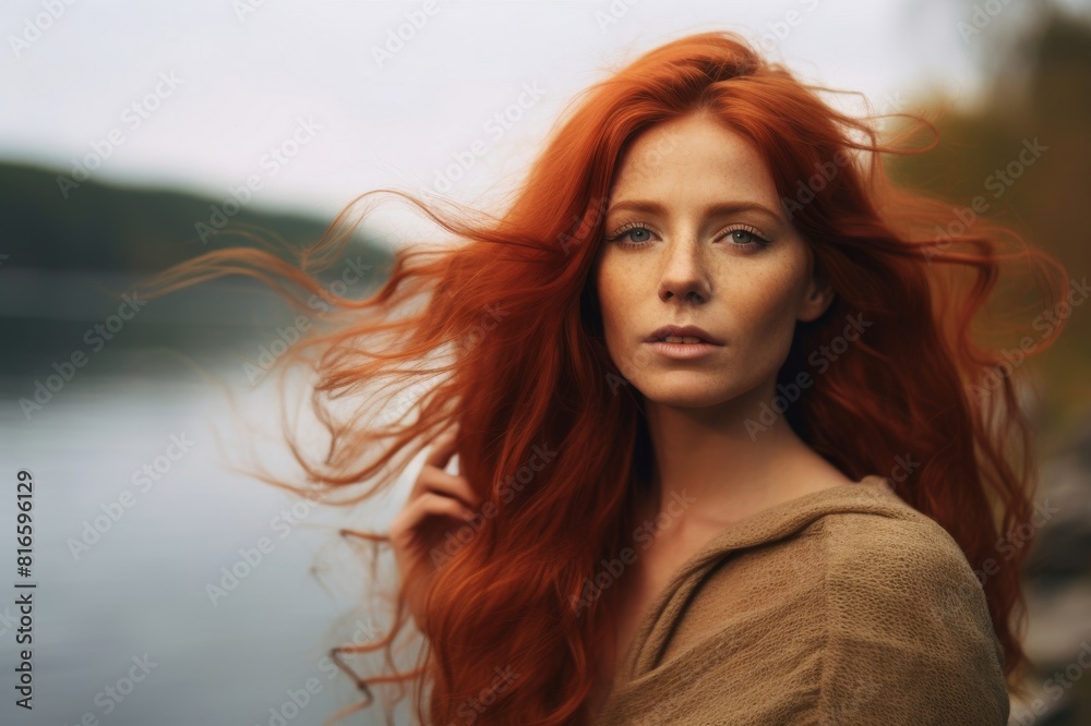 thoughtful redhead woman in front of lake thoughtful redhead woman in front of lake