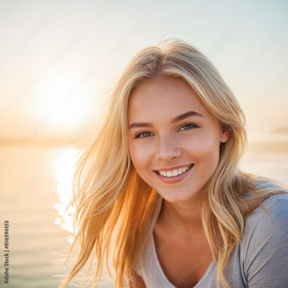 beautiful smile of young blonde girl smiling and having fun outdoor on a background of hazy sunshine through a thick mist on a calm sea and blue skies beautiful smile of young blonde girl smiling and having fun outdoor on a background of hazy sunshine through a thick mist on a calm sea and blue skies