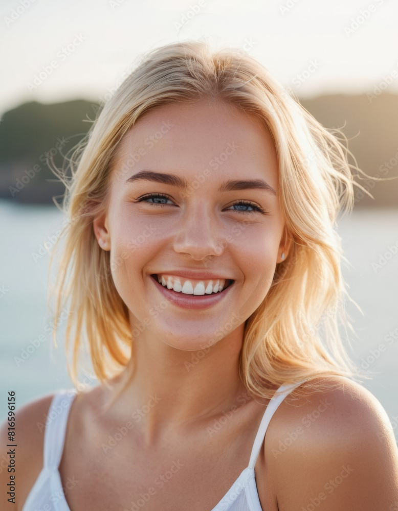 beautiful smile of young blonde girl smiling and having fun outdoor on a background of hazy sunshine through a thick mist on a calm sea and blue skies beautiful smile of young blonde girl smiling and having fun outdoor on a background of hazy sunshine through a thick mist on a calm sea and blue skies