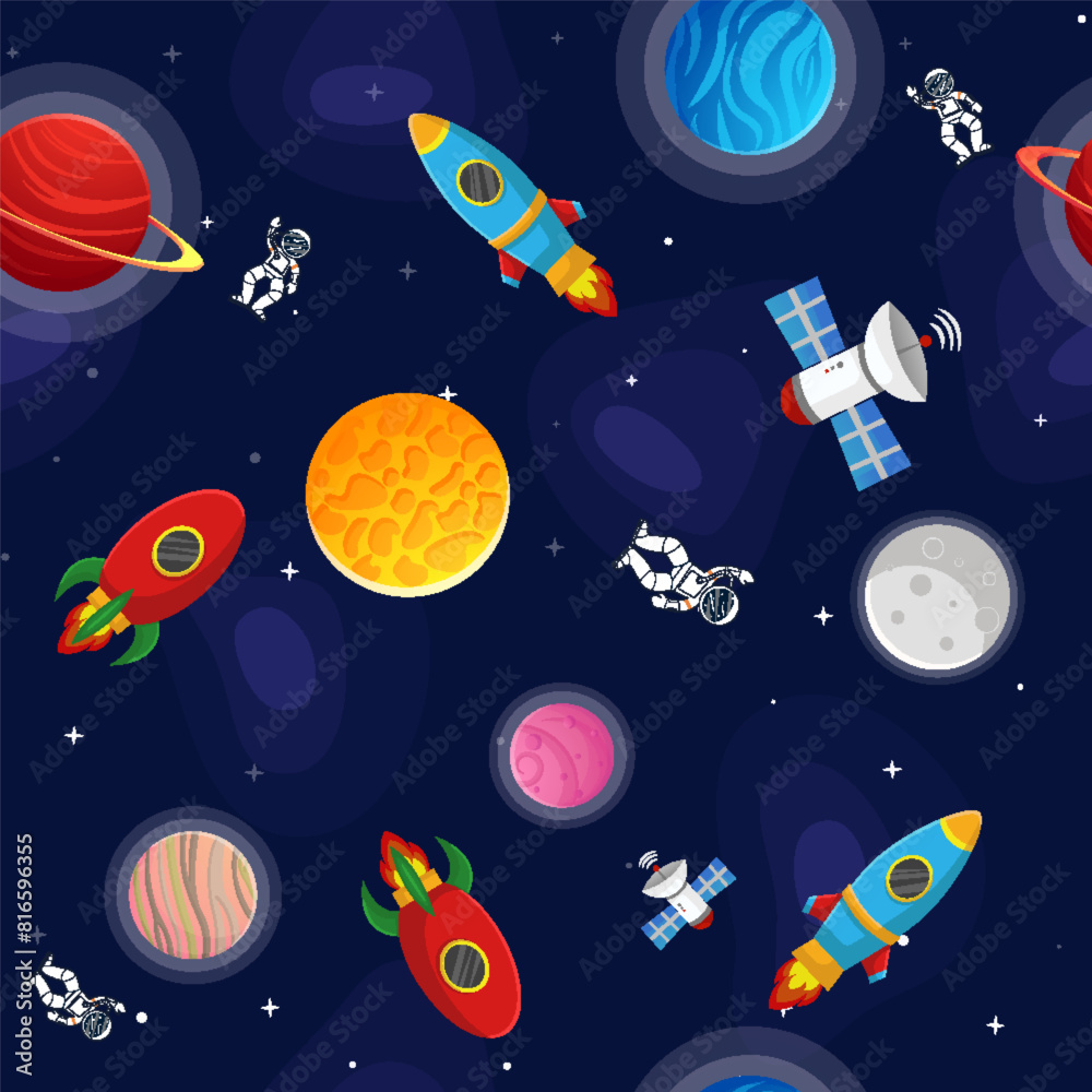 Naklejka premium Space cartoon seamless pattern. Cute design for