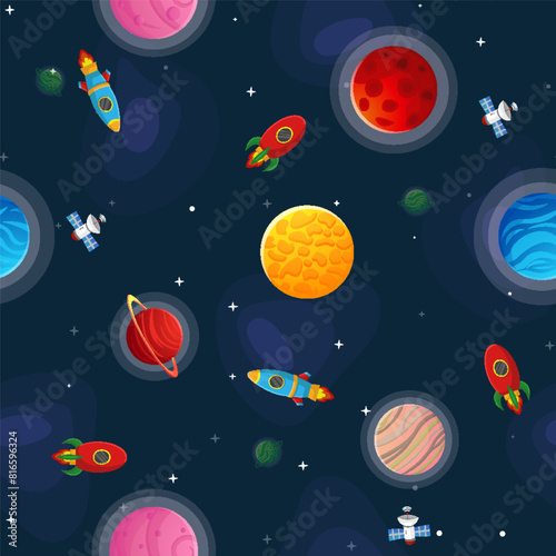 Space cartoon seamless pattern.  Cute design for