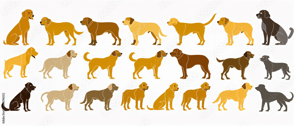 illustrations Cartoon dog in standing and sitting poses from the side, brown, black, gray, yellow, cream, on a rice-colored background, isolated style. illustrations Cartoon dog in standing and sitting poses from the side, brown, black, gray, yellow, cream, on a rice-colored background, isolated style.