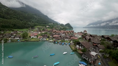 Iseltwald village at brienzersee lake - Aerial 4K