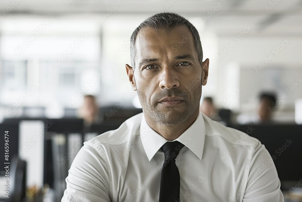Portrait of a serious middle-aged man in a white shirt and black tie, sitting in an office environment.