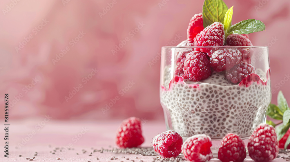 Glass with tasty chia seed pudding and raspberry on ta