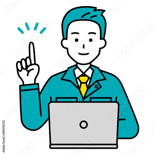 アイデアをひらめくノートパソコンで仕事をしている作業着の男性