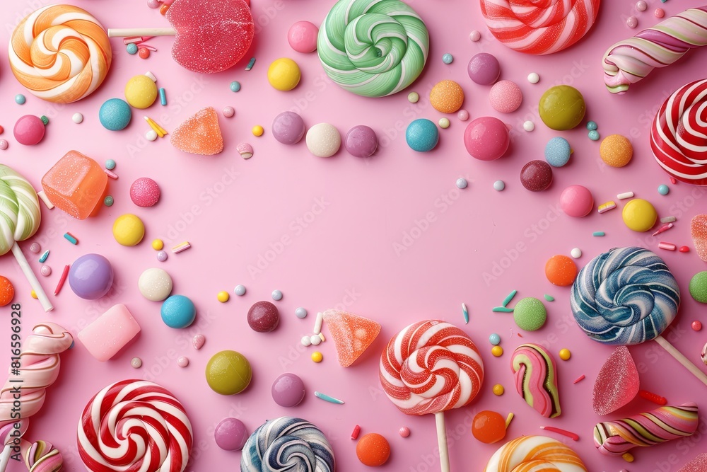 Colorful sprinkles on a pink background, in a flat lay with copy space. Background for product presentation in the style of ecommerce. Colorful sprinkles on a pink background, in a flat lay with copy space. Background for product presentation in the style of ecommerce.