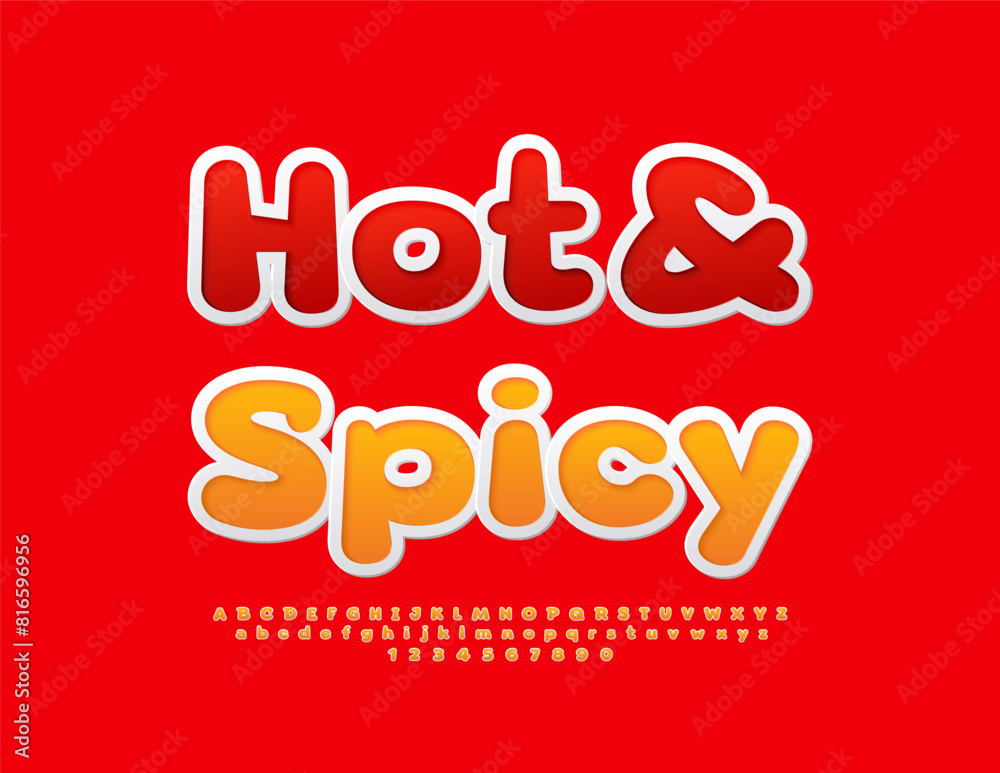 Vector advertising logo Hot and Spicy. Bright Artistic Font. Modern Alphabet Letters and Numbers set.