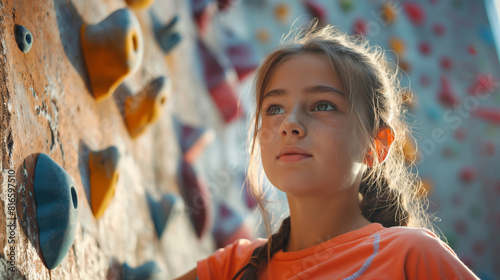 Young girl using handholds to climb up an artificial rock wall indoor