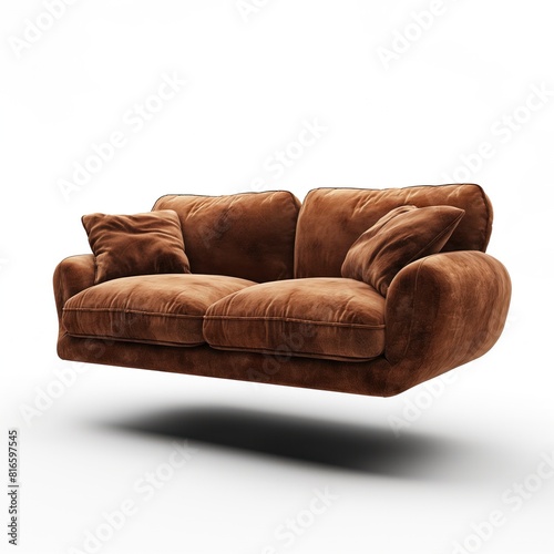 Comfortable and stylish two-seater brown suede sofa with a contemporary design, isolated on white. photo