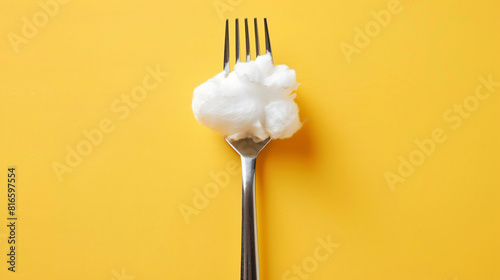 Fork with cotton wool on yellow background